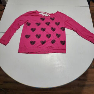Hard Candy Girls Blouse‎ Pink Heart Long Sleeve Scoop Neck Slash Back L 11-13